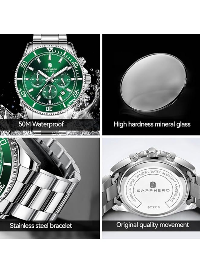 SAPPHERO Men's Stainless Steel Chronograph Watch, 50M Water Resistant, Analog Quartz Watch with Date, Classic Luxury Fashion Watch, Elegant Gift for Men - Image 5